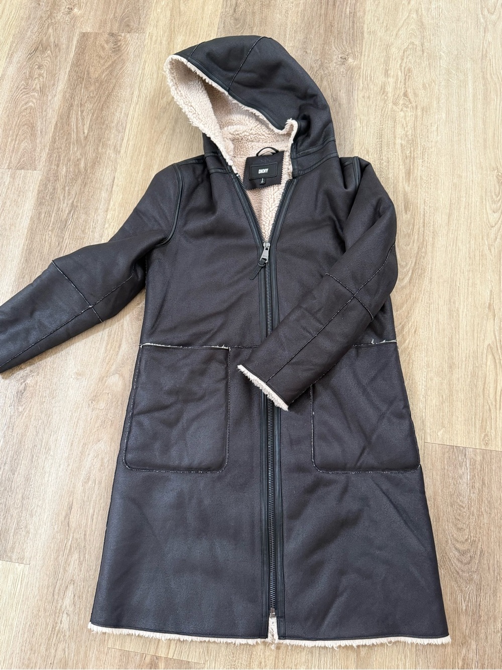 DKNY Black Hooded Faux-Shearling Long Coat
